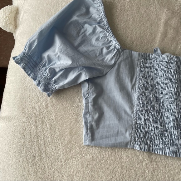 Aritzia Sunday Best Countess Blouse Medium Blue Glimmer Top Shirt puff blouse - Picture 10 of 12